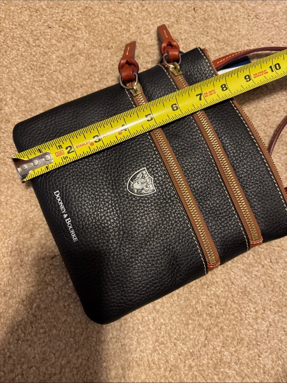 Dooney & Bourke Black Leather Raiders Crossbody with Brown Trim
